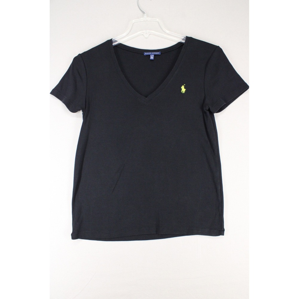 Ralph Lauren V-Neck T-Shirt Womens XL Black Cotton Lime Pony Preppy Minimalist